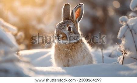 White Cute Holland lop rabbit running toward the camera in the snow.
