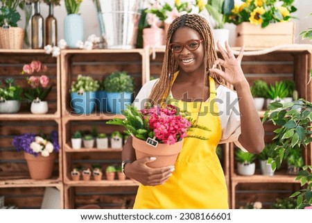 African american woman with braided hair working at florist shop holding plant doing ok sign with fingers, smiling friendly gesturing excellent symbol 