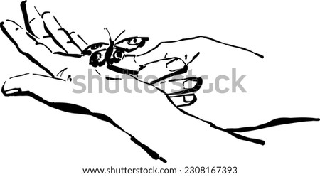 Vector hand drawn line art summer illustration of hands with butterfly