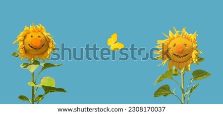 Smiling sunflowers with yellow butterfly look like a happy couple isolated on blue summer background as positive concept summer time.
