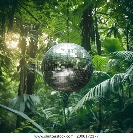 Disco ball hanging in the rainforest. Tropical. Party. Royalty-Free Stock Photo #2308172177