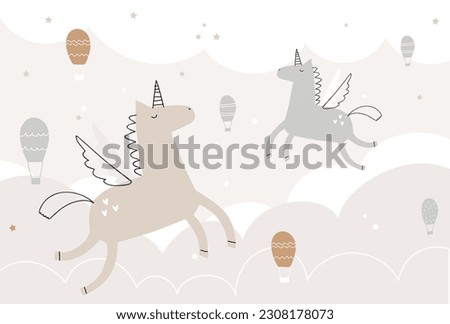 Vector children hand drawn color cute flying unicorn in the sky, air balloons, clouds illustration in scandinavian style. Kids wallpaper design. Baby room design, wall decor. Mural. Girl room.