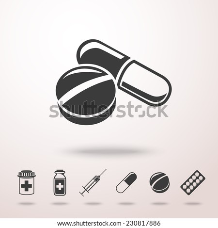 Pills icon in the air with shadow. With set of health (pills) icons - pills box, tablets, pill, blister, syringe, liquid medicine. Royalty-Free Stock Photo #230817886