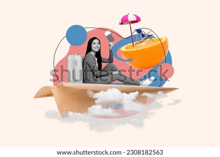 Photo new travel agency cheap tickets traveling collage of young korean girl waiting her plane destination isolated on drawn background