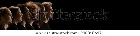 Side view portraits of different people, men and women, smiling over dark background. Banner. Concept of human rights, freedom, diversity, social issues, inluence, equality. Copyspace for ad, text Royalty-Free Stock Photo #2308186171