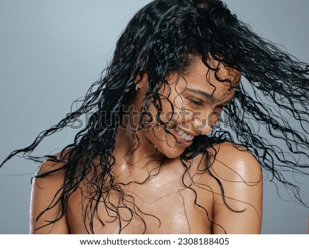 Wet hair, happiness and woman beauty after shower dancing from haircare and wellness. Young female model, smile and dance with happy face and dermatology from grooming care and shampoo treatment Royalty-Free Stock Photo #2308188405