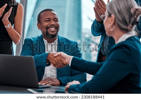 Hiring success, meeting and business people with a handshake with applause at work. Happy, support and a black man shaking hands with a manager with workers clapping for partnership and welcome