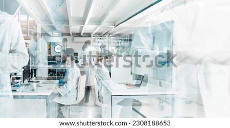 Scientist, double exposure and lab worker with medical research, working and chemistry analysis. Staff, science and laboratory for medicine pathology and innovation in a hospital and health clinic