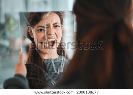 Mirror, broken and mental health with reflection of woman for bipolar, split identity and anxiety. Stress, psychology and ego with female person at home for fear, danger and schizophrenia crisis Royalty-Free Stock Photo #2308188679