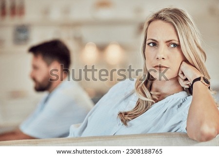 Woman, sad and angry in fight of couple with problem, divorce and crisis of conflict at home. Face of female person ignoring partner in argument, marriage failure and stress of frustrated break up Royalty-Free Stock Photo #2308188765