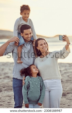 Family, smile and beach selfie at sunset, bonding and having fun on sea vacation mockup. Photograph, ocean and mother, father and kids taking profile picture for social media, happy memory or summer.