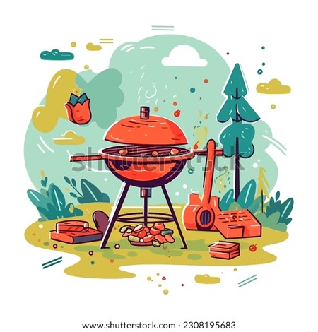 Summer barbecue cooking over a hot fire. BBQ time, grill party. Cartoon vector illustration. isolated background, label, sticker