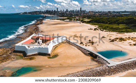Landscape Fortress Reis Magos Fort Colonial Natal Seaside Beach Sea River Rio Grande Norte Atlantic Ocean Nature Drone Aerial Blue Waves Trip Travel Vacation Tourism Coral Reef Tropical Sun RN Brazil Royalty-Free Stock Photo #2308209069