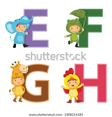 Vector Illustration of English alphabet with kids in animal costume E-H