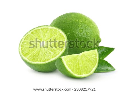 Natural  fresh lime with sliced and water droplets  isolated on white background. Royalty-Free Stock Photo #2308217921