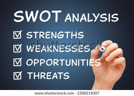 Hand writing SWOT analysis check marks business concept about assessment of strengths, weaknesses, opportunities, and threats of a company. 