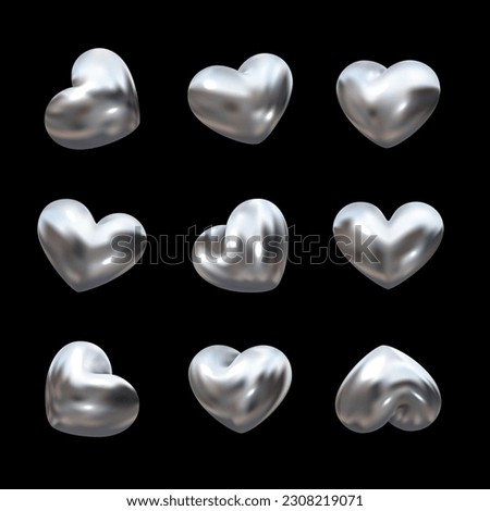 3D hearts made of chrome, silver, or other shiny light metal. Set of isolated vector elements in heart shape in various rotation positions. Ideal for luxury, romantic, and love-themed design Royalty-Free Stock Photo #2308219071