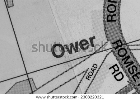 Ower village near the port city of Southampton, Hampshire, United Kingdom atlas map town name black and white