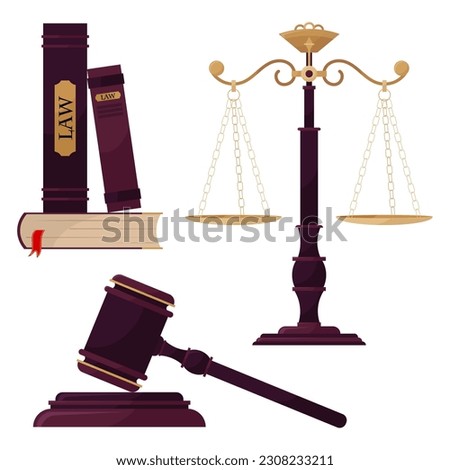 Set of illustrations of a court case. Court. Symbols of justice. Books about law, judicial gavel, weights of justice. Themis Royalty-Free Stock Photo #2308233211