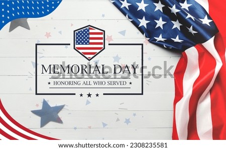 Memorial Day - Remember and Honor Poster. Usa memorial day celebration. American national holiday. Invitation template with red text and waving us flag on white background. Vector
