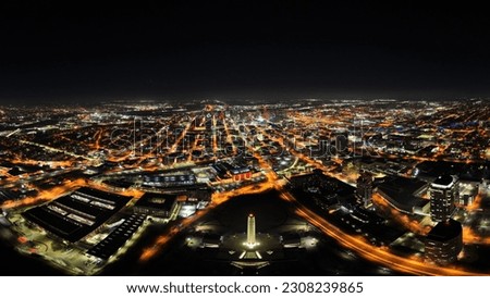 Kansas City night aerial with plaza and skyline