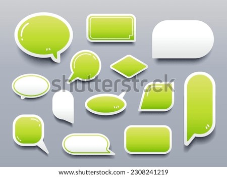 Vector green set of icons of speech bubbles for communication. Stickers of different geometric shapes for chats isolated on a gray background.