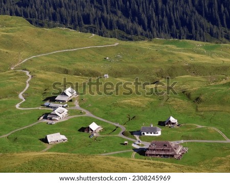Traditional alpine livestock settlement Tannalp next to Lake Tannensee and in the Uri Alps massif, Melchtal - Canton of Obwald, Switzerland (Kanton Obwalden, Schweiz)