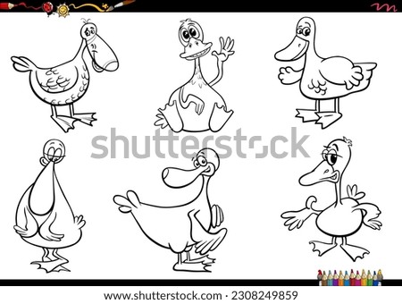 Black and white cartoon illustration of ducks farm animal characters set coloring page
