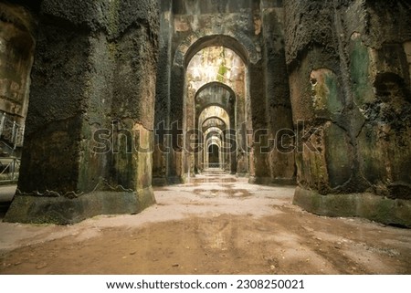 Interior of Piscina Mirabilis, or water cathedral, the most monumental cistern of drinkable water ever built by Romans, in Bacoli, Campania, Italy Royalty-Free Stock Photo #2308250021