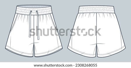 Unisex Sweat Shorts technical fashion illustration. Short Pants fashion flat technical drawing template, elastic waist, front and back view, white color, Sportswear women, men, unisex CAD mockup. Royalty-Free Stock Photo #2308268055