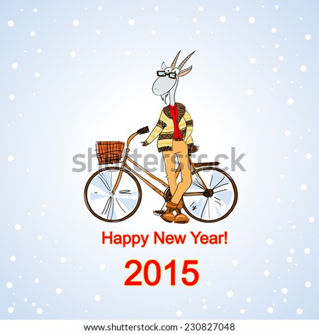 Hand-drawn fashion goat dressed in a casual style, with a bike/ Christmas card