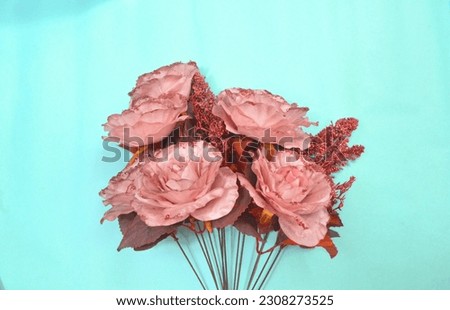 A vase of pink roses with a blue background.