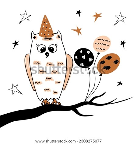 Vector birthday party card with cute owl with balloons and sitting on tree branch in doodle style. Vector illustration. Vector illustration