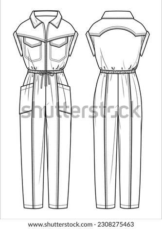 Vector woman drop shoulder jumpsuit technical drawing, sleeveless jumpsuit with pockets and elasticized waist fashion CAD, template, flat, sketch, mockup. Jersey or woven fabric jumpsuit, white color Royalty-Free Stock Photo #2308275463