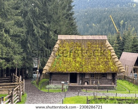 A wooden witch's house in the forest in the Carpathian Mountains Royalty-Free Stock Photo #2308286721