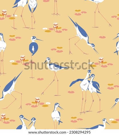 Bird Stilt Cute Seamless pattern with white water lilies. Vector wetland animal vintage illustration on beige background