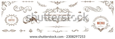 Universal scroll elements and ornate vintage frames. Classic calligraphy swirls, floral motifs. Good for greeting cards, wedding invitations, restaurant menu and other graphic design. Royalty-Free Stock Photo #2308297253