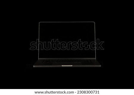 Stylish black background for a website with a laptop on a dark background. Minimalistic photo in high quality with an open laptop. Template, mock for M1 pro website front view. 