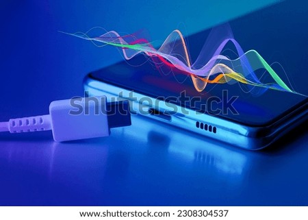 Audio podcast, music app. USB Type-C cable and smartphone. Graphic representation of the wave above the screen. Universal connector for smartphones of different devices.