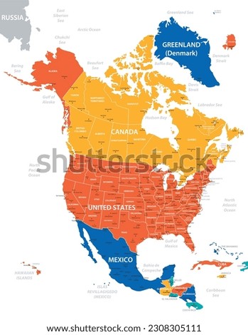 North America vector map. High detailed illustration with borders and cities Royalty-Free Stock Photo #2308305111