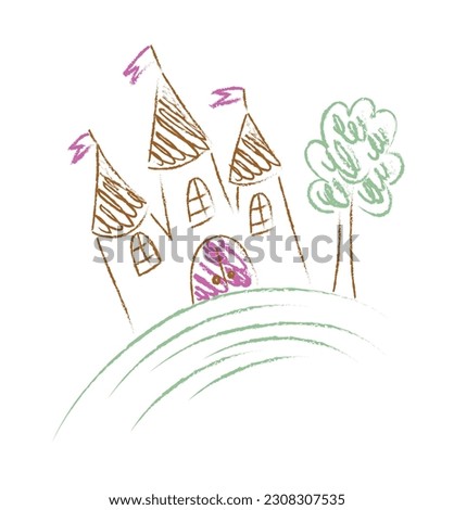 Castle childrens drawing. Beautiful brown building near tree. Creativity and art object from kids. Fantasy and imagination, dream. Linear flat vector illusdtration isolated on white background