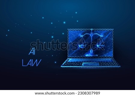 AI law, legal ethics, access to justice, cybersecurity futuristic concept with laptop and scales in glowing low polygonal style on dark blue background. Modern abstract design vector illustration. Royalty-Free Stock Photo #2308307989