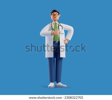 3d render, full height cartoon character, smart proud confident doctor wears glasses and shows thumb up, isolated on blue background. Social approval like gesture.