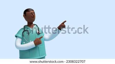 3d render. African young man, cartoon character nurse with dark skin wears mint green shirt, shows right direction with fingers. Medical clip art isolated on blue background. Health care solution