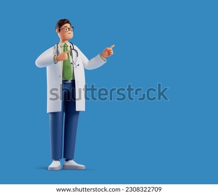 3d render. Full body cartoon character, cute caucasian man doctor wears glasses and white coat, shows right direction with finger. Medical clip art isolated on blue background. Health care assistant