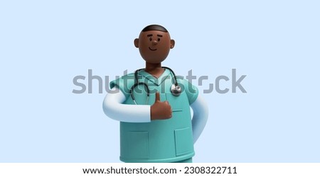 3d render, african cartoon character, young man nurse wears mint green shirt, shows thumbs up, like gesture. Health care support. Medical clip art