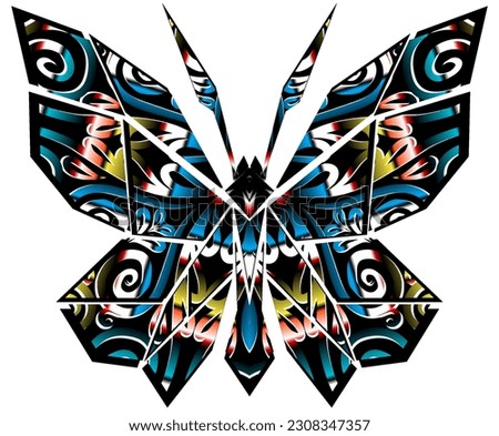 The symmetrical illustration logo in the shape of a butterfly has dynamic gradient batik flower line art in a luxurious pattern colour 