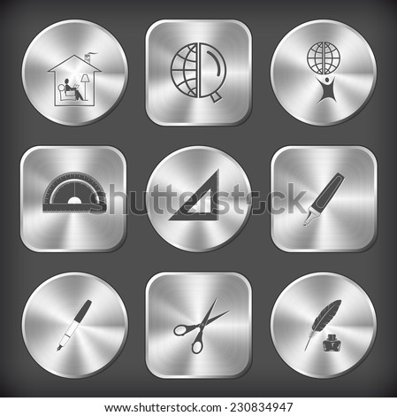 Education set. Vector round and square steel buttons.