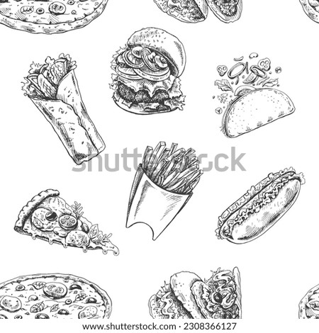 Vector vintage fast food seamless pattern. Hand drawn monochrome junk food illustration with burger,  hot dog, pizza, tacos, burrito  and french fries. Great for menu, poster or restaurant background.