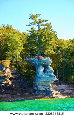 Turquoise green waters splashing against Pictured Rocks cliff wall with lone tree on edge